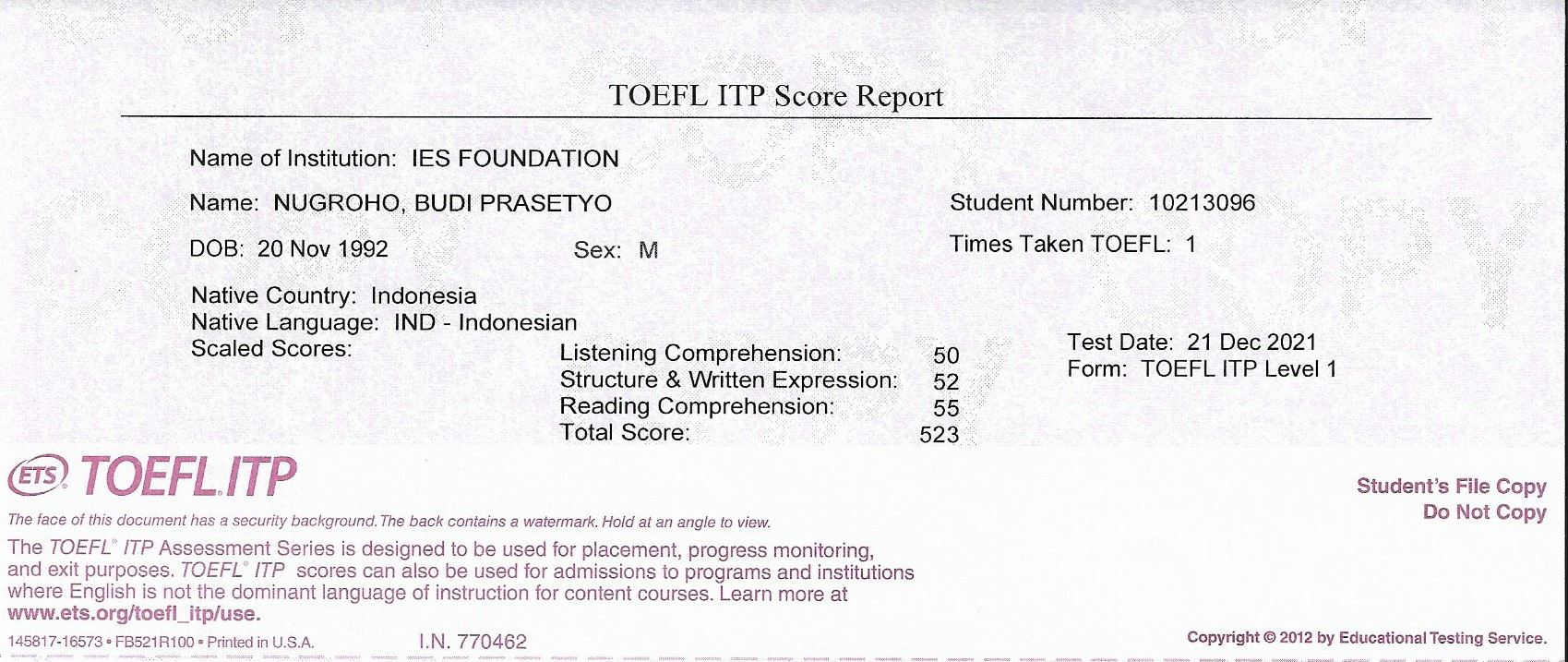 TOEFL ITP Certificate Back